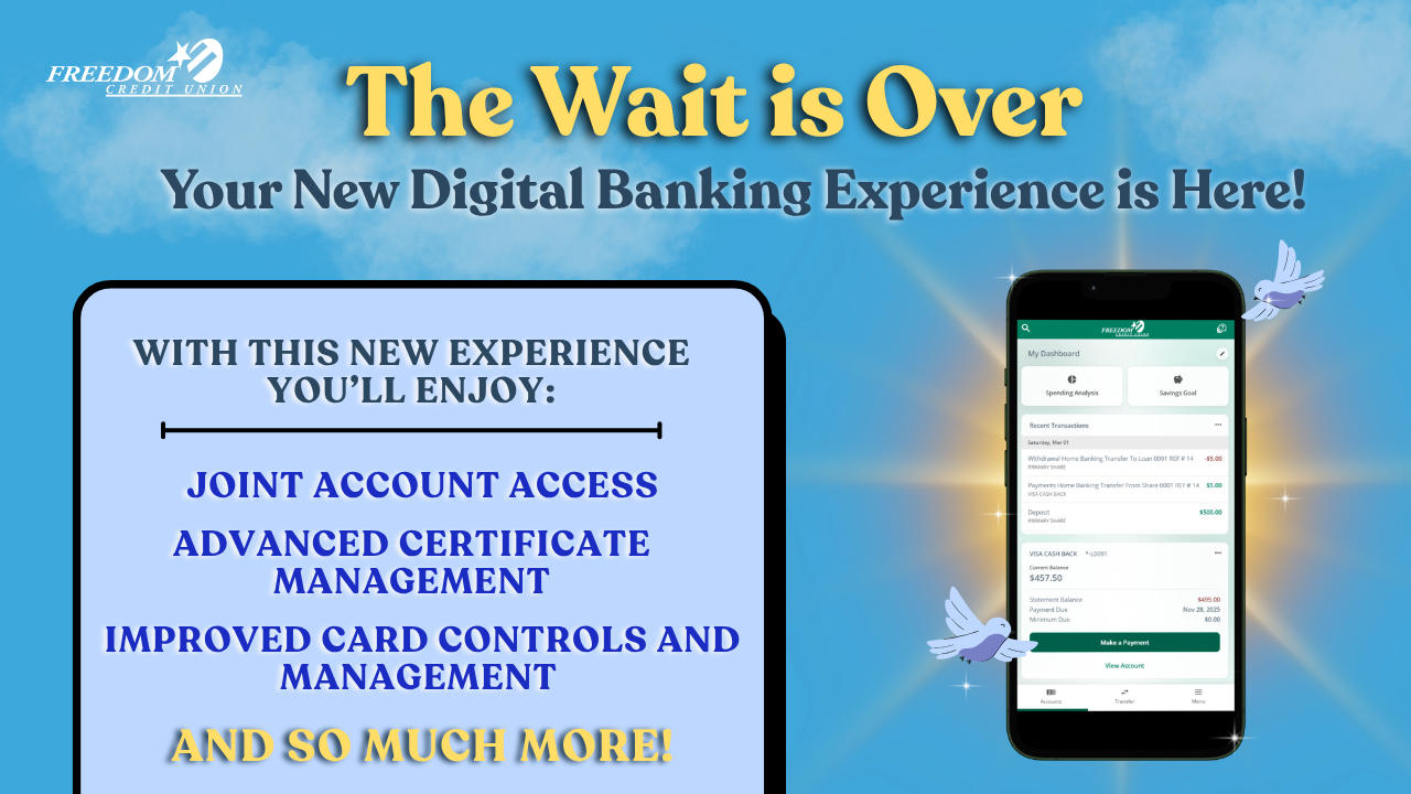 A phone glowing frmo the sun with birds dancing around it. Lists the new features of the Digital Banking experience.