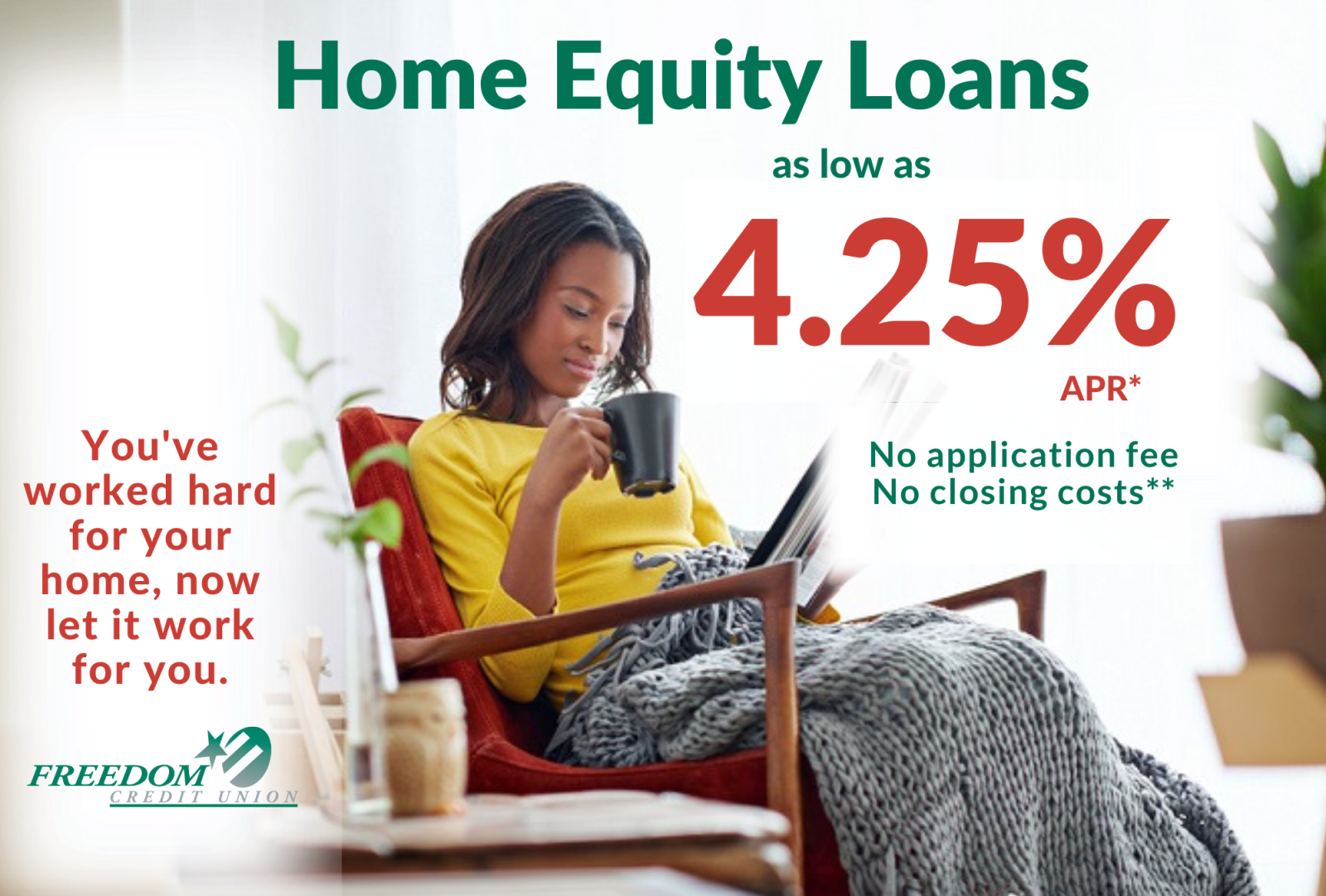 Woman sitting in chair, home equity loans special rate